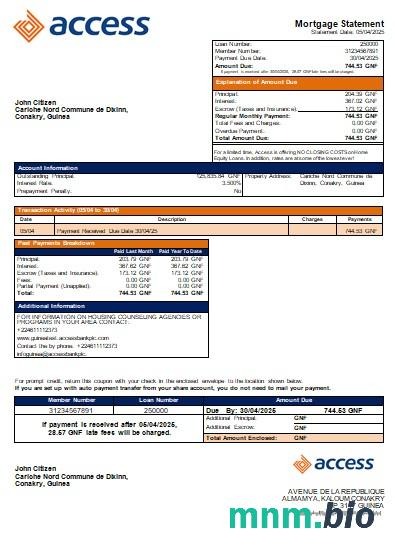 Gwinea Access Bank wyciąg z kredytu hipotecznego szablon Word i PDF